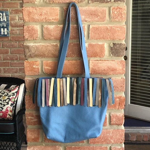 COCO BARCLAY Blue Pebbled Leather Boho Shoulder Bag Fringe London EUC - Picture 3 of 9